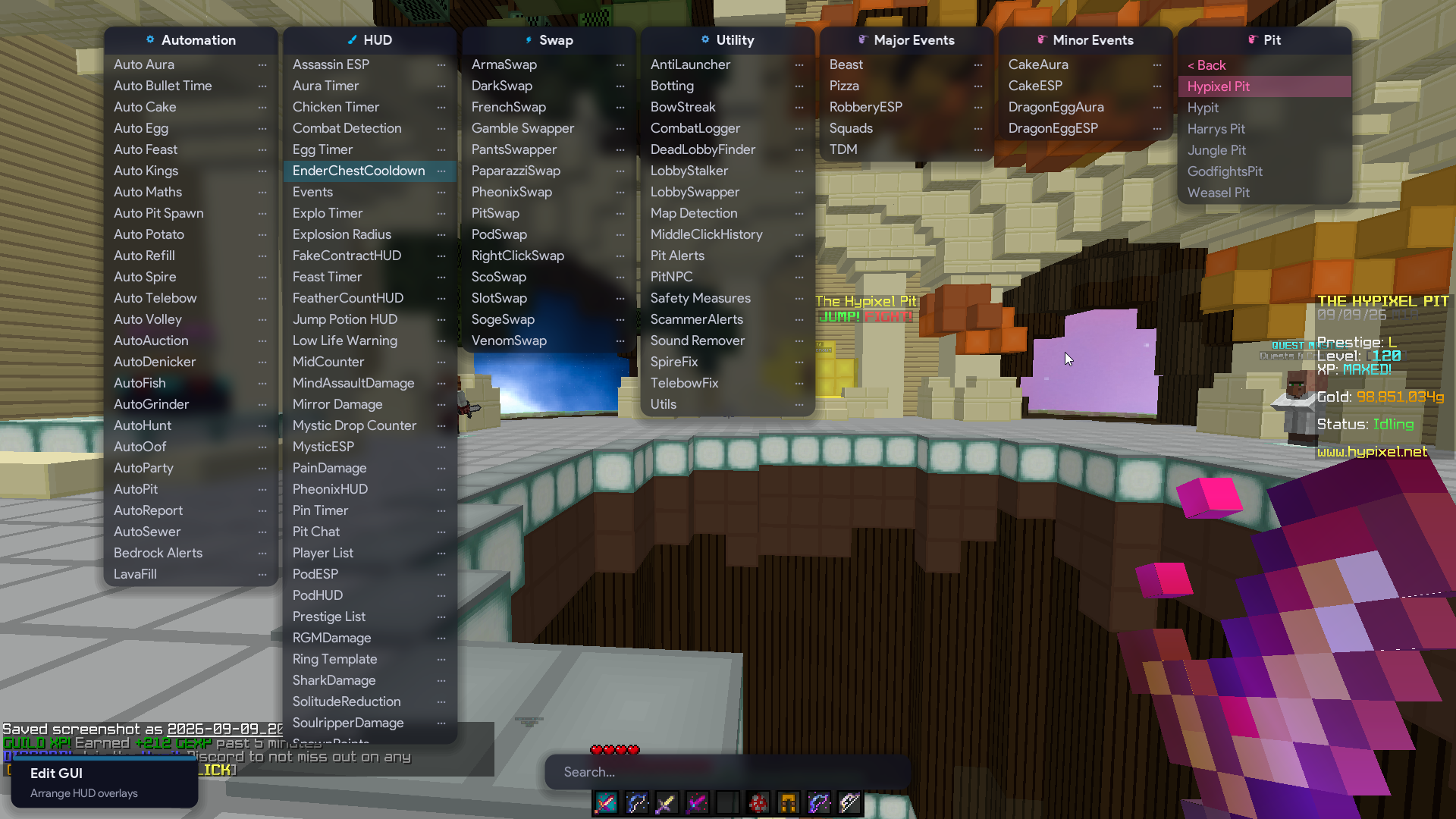 Brutality ClickGUI running inside Hypixel Pit